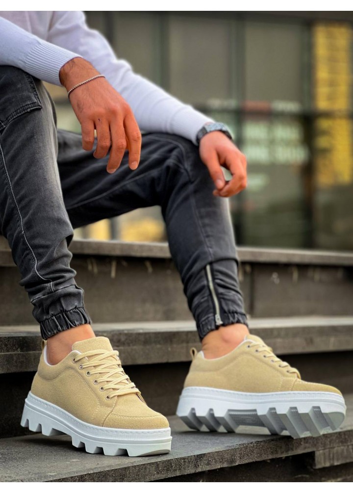 KB-056 Kuback Bej Süet Beyaz Yüksek Taban Günlük Spor Ayakkabı