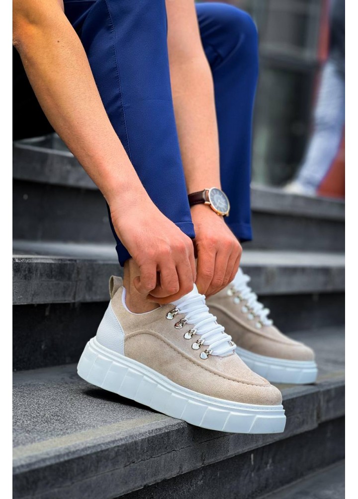 KB-X10 Kuback Bej Süet Beyaz Yüksek Taban Günlük Spor Ayakkabı
