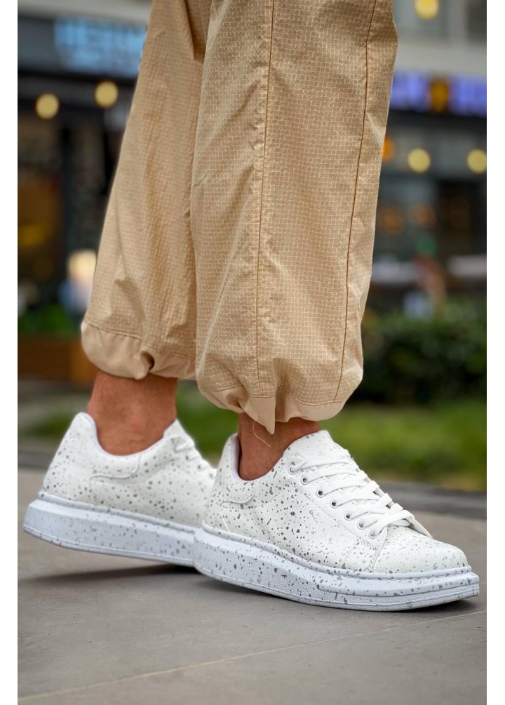 KB-BX1 Kuback Beyaz Siyah Cilt  Detaylı  Yüksek Beyaz Taban Günlük Erkek Ayakkabı