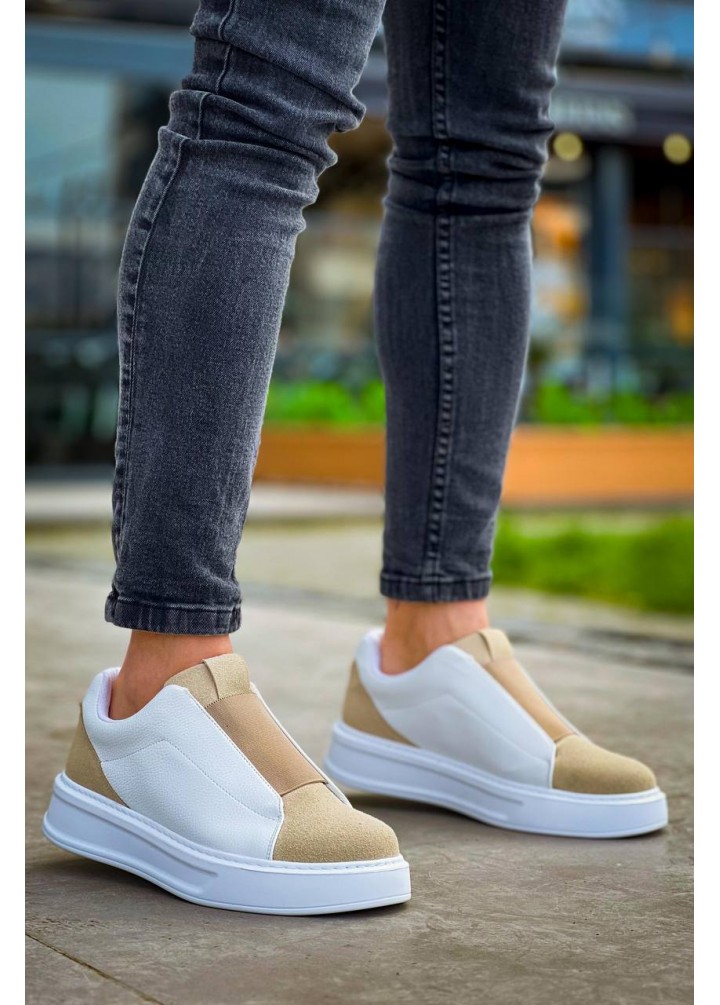 KB-007  Kuback  Beyaz Bej Yüksek Taban Tek Bant Bağcıksız Günlük Erkek Ayakkabı