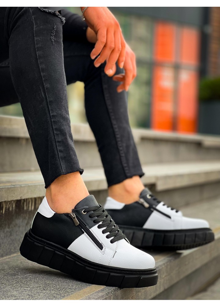 KB-X155 Kuback Beyaz Cilt Siyah Cilt Detaylı Siyah Yüksek Taban Günlük Spor Ayakkabı