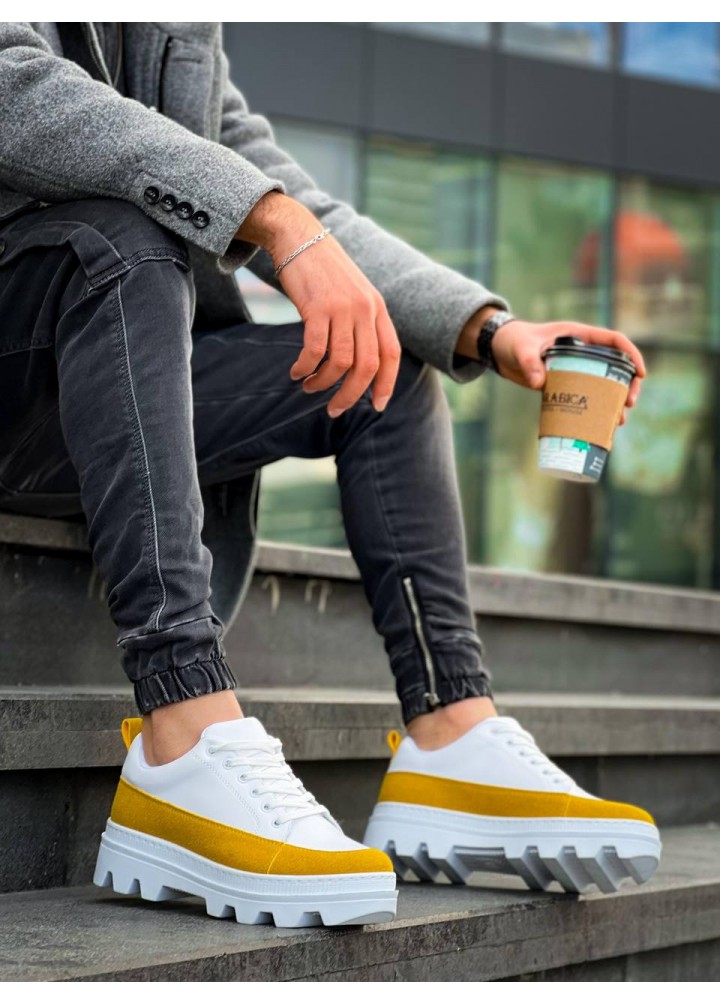 KB-056 Kuback Beyaz Sarı Detaylı Beyaz Yüksek Taban Günlük Spor Ayakkabı