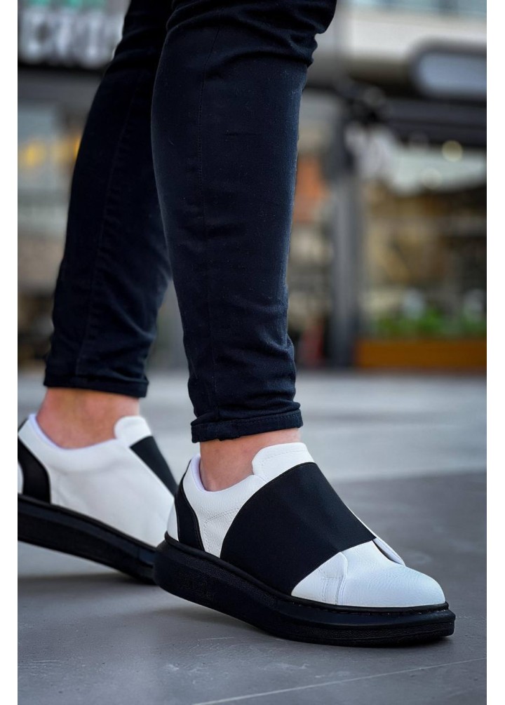 KB-040  Kuback Beyaz Cilt Siyah Yüksek Taban Lastikli Günlük Erkek Ayakkabı