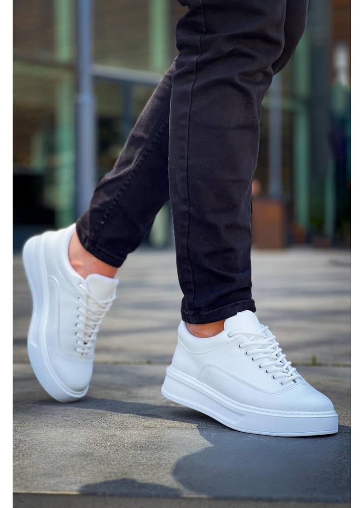 KB-006 Kuback Beyaz Cilt  Yüksek Taban Bağcıklı Günlük Erkek Ayakkabı