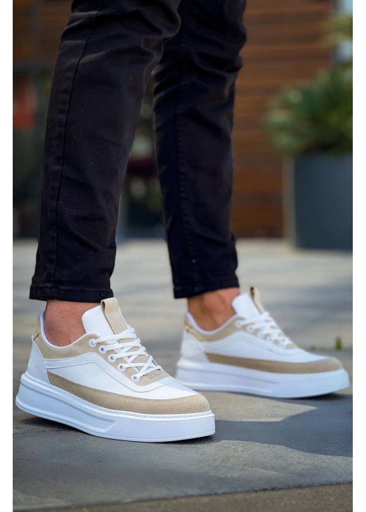 KB-006 Kuback Beyaz Cilt Bej Süet  Yüksek Taban Bağcıklı Günlük Erkek Ayakkabı
