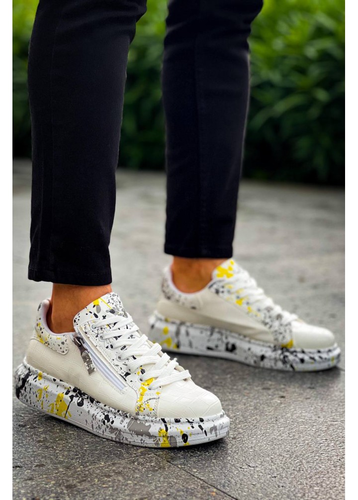 KB-02  Kuback  Bağcıklı Crocodile Beyaz Sarı Günlük Erkek Ayakkabı