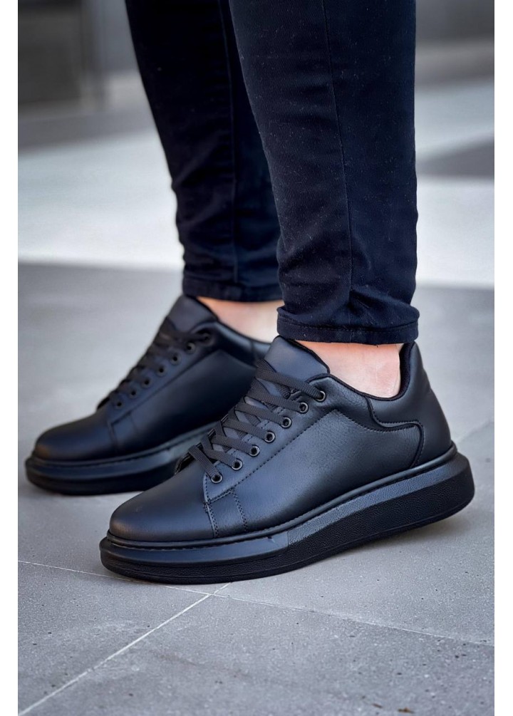 KB-X4  Kuback Siyah Cilt Siyah Yüksek Taban Bağcıklı Günlük Erkek Ayakkabı