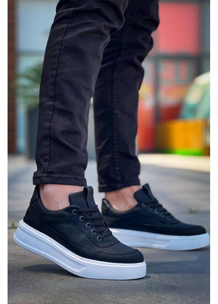 KB-006 Kuback Siyah Cilt Yüksek Taban Bağcıklı Günlük Erkek Ayakkabı