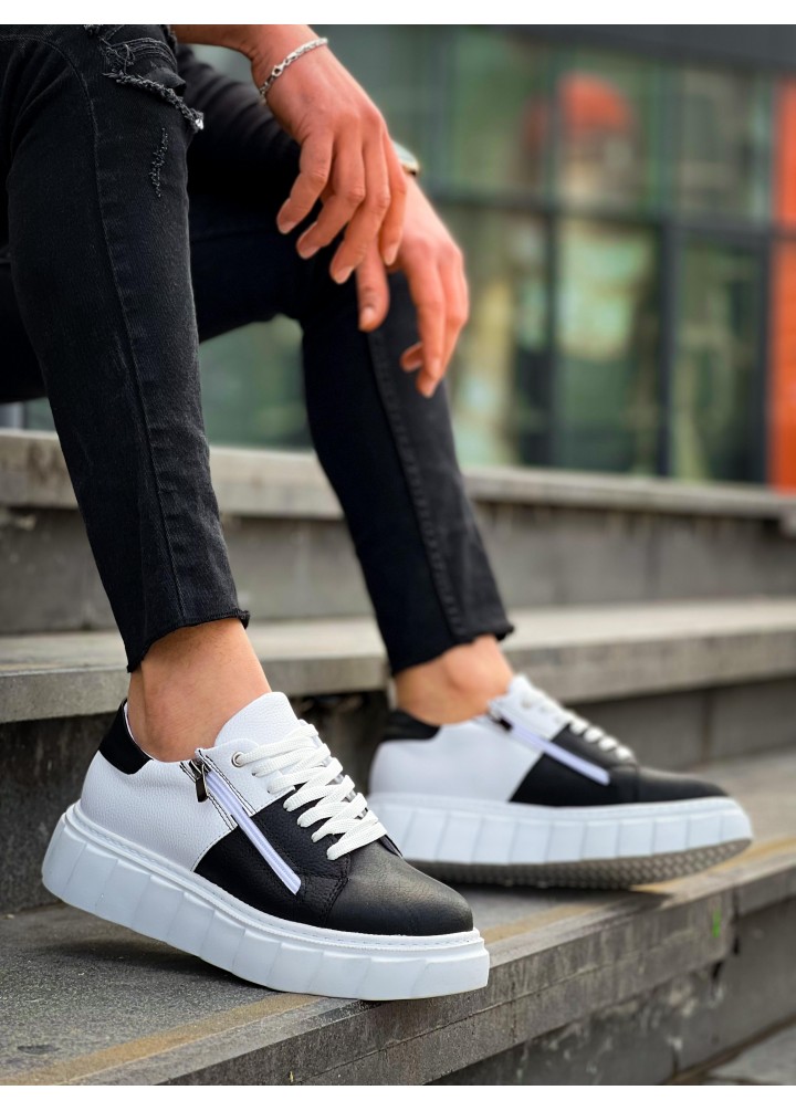 KB-X155 Kuback Siyah Cilt Beyaz Cilt Detaylı Beyaz Yüksek Taban Günlük Spor Ayakkabı