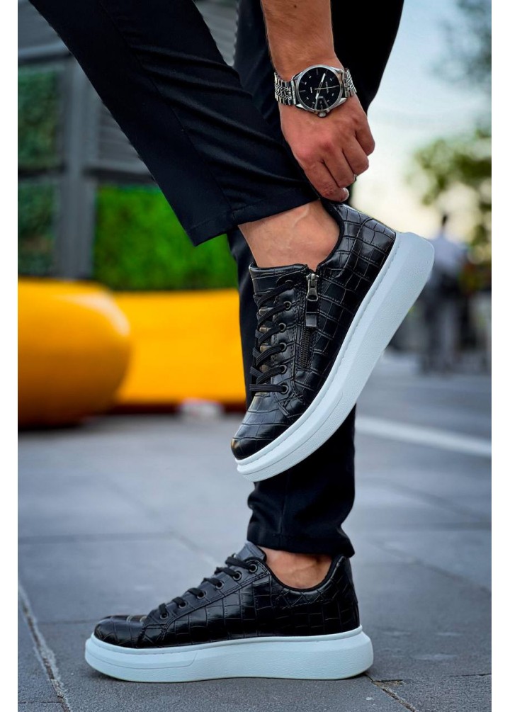 KB-056 Kuback Siyah Cilt Beyaz Yüksek Taban Günlük Spor Ayakkabı
