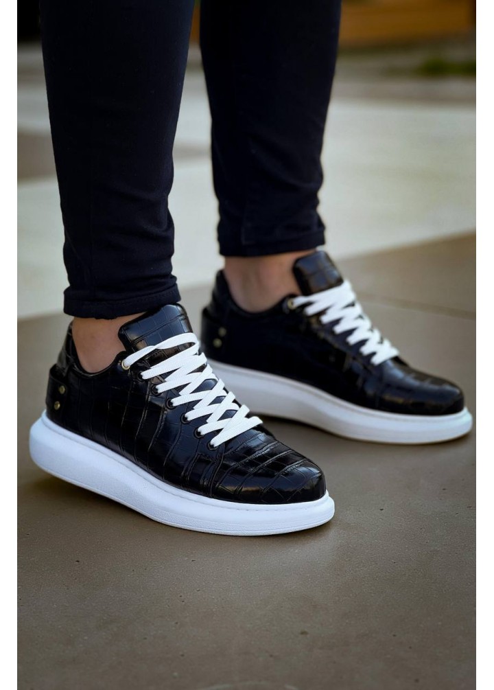 KB-122  Kuback Siyah Cilt Yüksek Taban Bağcıklı Günlük Erkek Ayakkabı