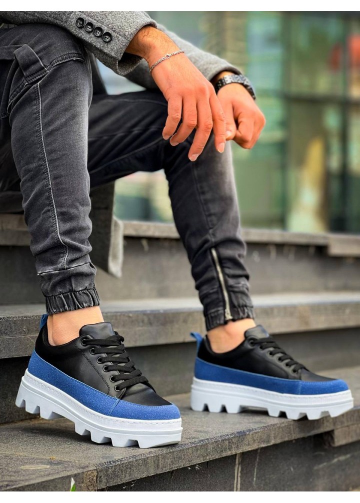 KB-056 Kuback Siyah Mavi Detaylı Beyaz Yüksek Taban Günlük Spor Ayakkabı